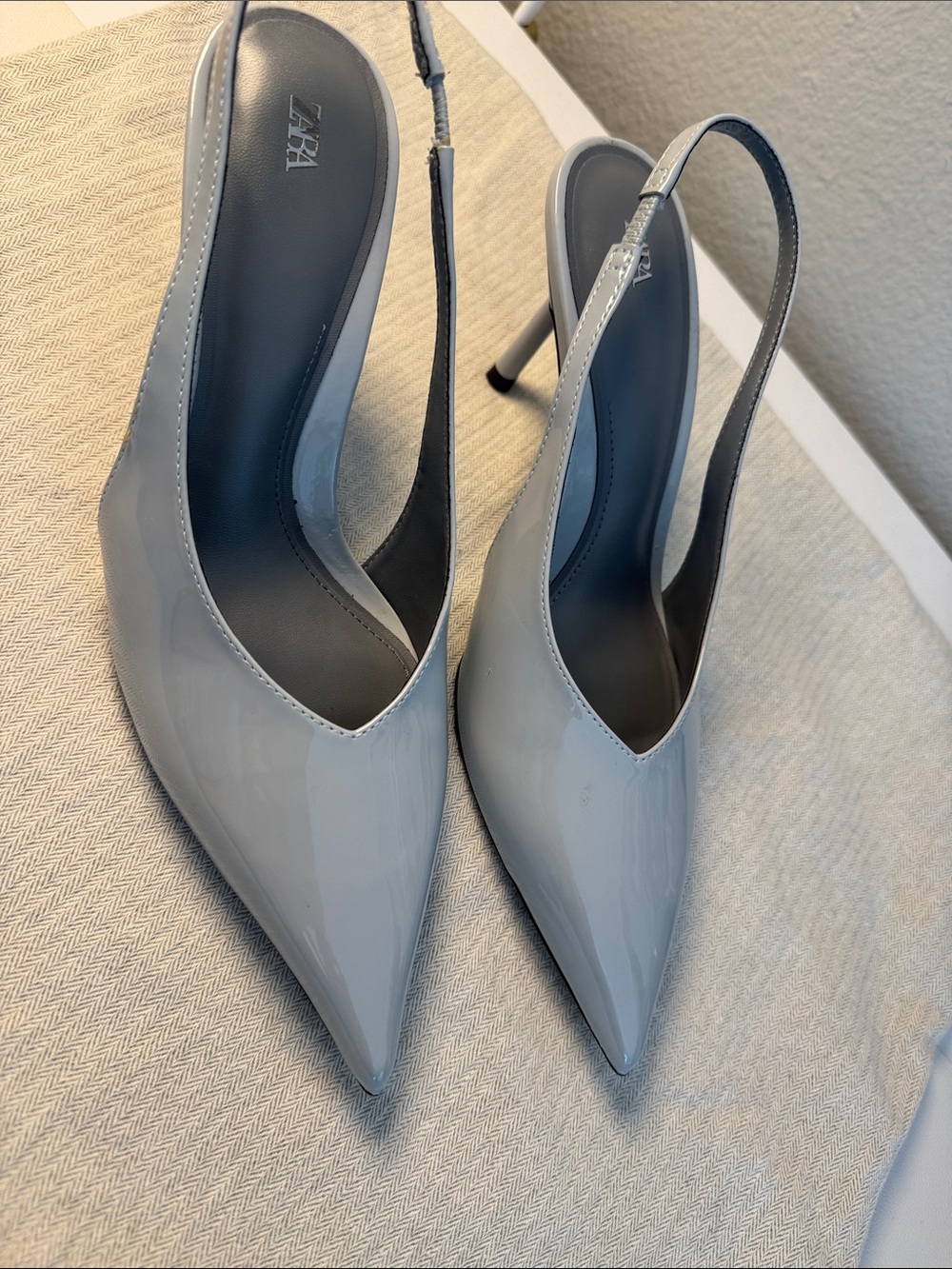 Zara Light Grayish Blue Patent Pointed Slingback Heels